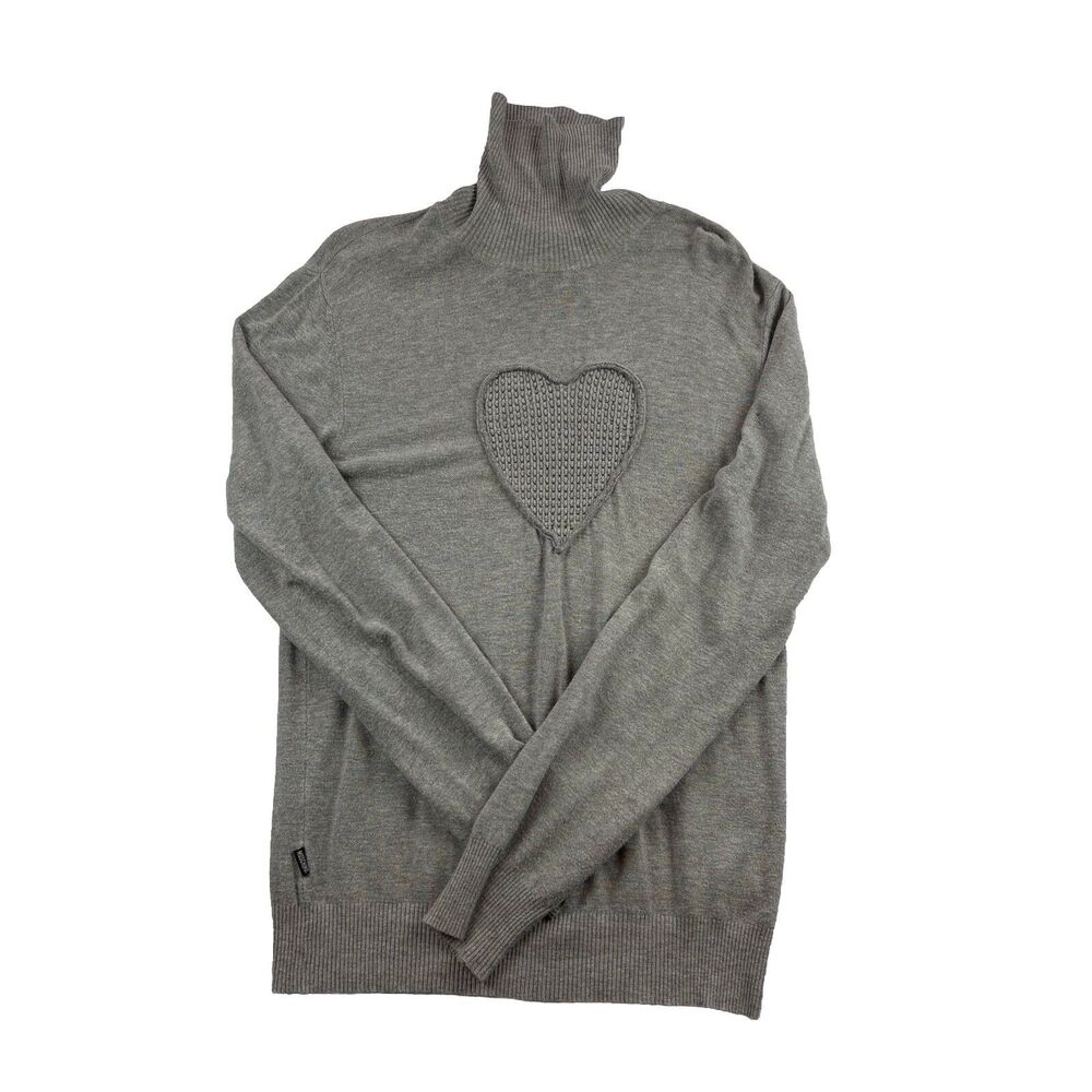 Moschino Turtleneck Sweater Heart Patch Womens 14 Gray Long Sleeve Flaw